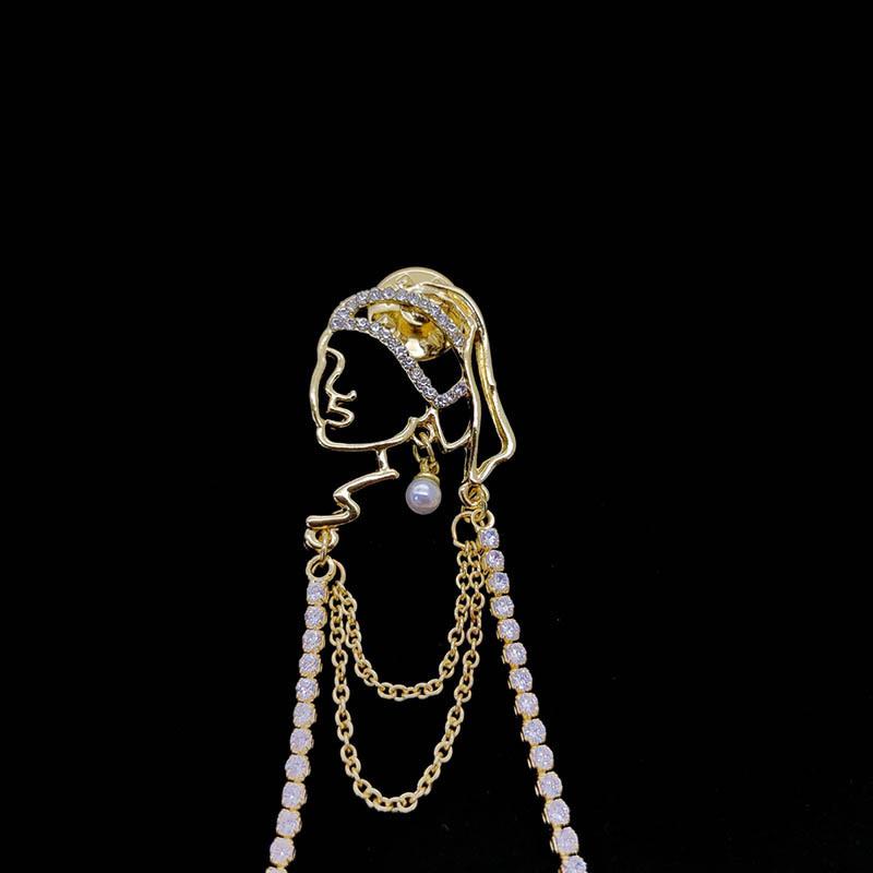 1PC Alloy Brooch Fashion A Girl Elegant Tassel Brooch For Women With Pearl Earrings Dress Collar Accesories Pins Jewelry