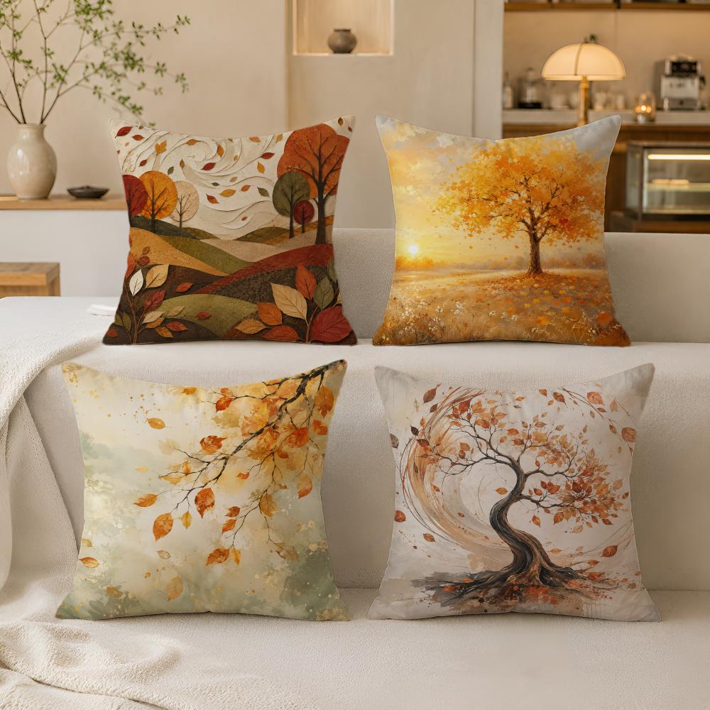 Cozy Autumn Tree And Leaves Cushion Cover Breathable Short Plush Pillow Covers Machine Washable Wrinkle-Resistant Soft Durable