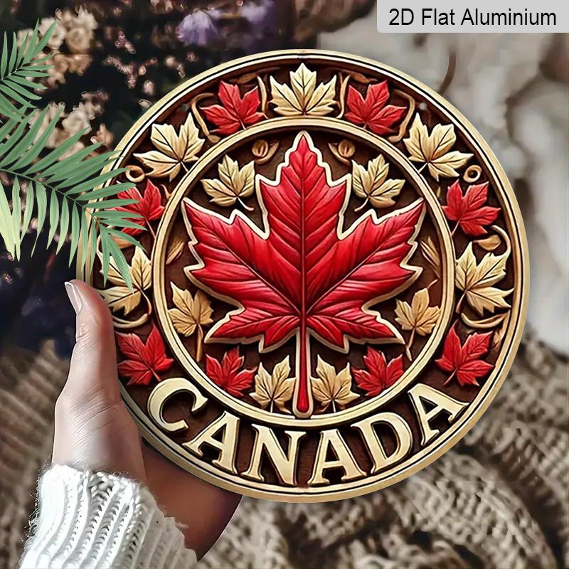 2D Flat Printed, 1pc Round Aluminum Canada Maple Leaf Sign, Retro Metal Wall Art, Vintage Style, Waterproof & Durable, Easy to Install, Perfect for