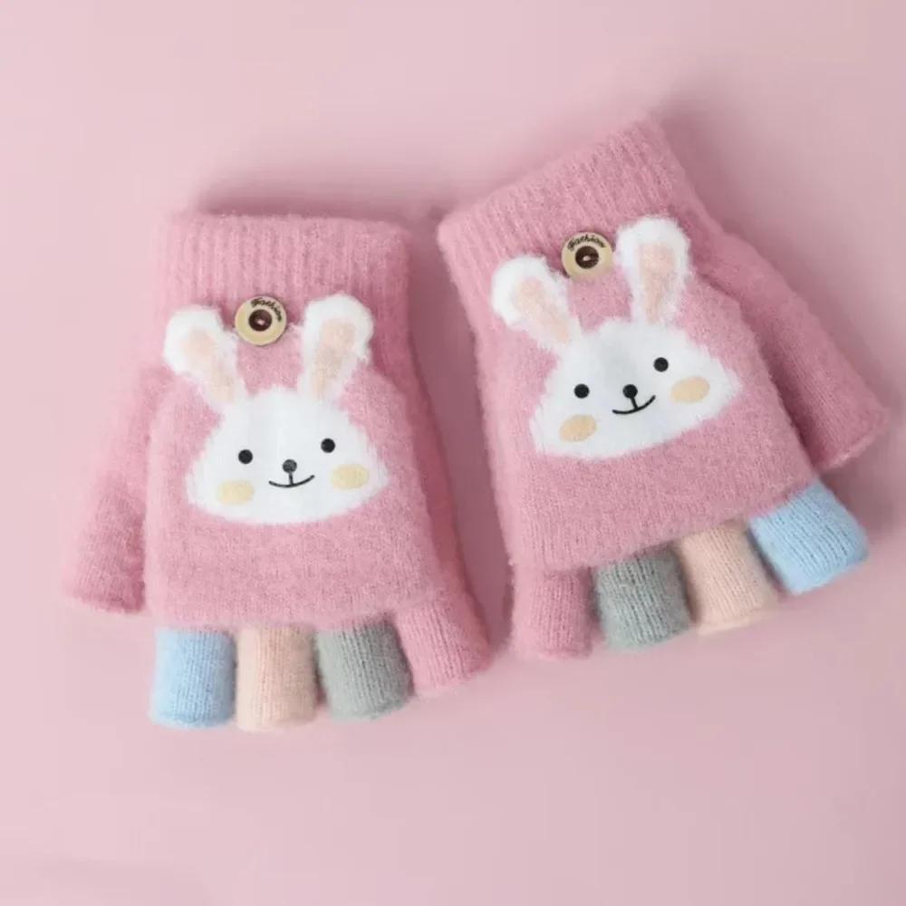 1 Paar warme Cartoon-Kinderhandschuhe für Jungen und Mädchen, süße Tierhasen-Halbfingerhandschuhe, süße Herbst- und Winter-Warmhandschuhe für draußen