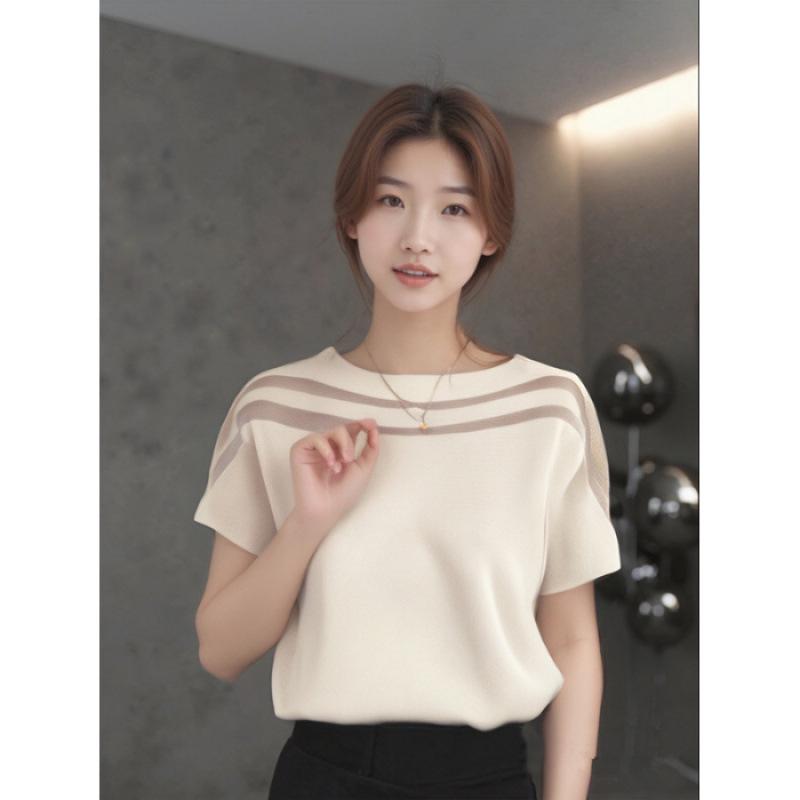 

2025 Summer Round Neck Ice Silk Organza Short Sleeve Women s Fashionable Versatile T-shirt One Size абрикосовий