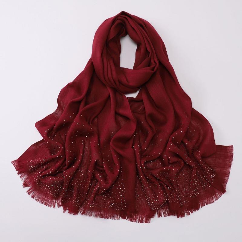 Versatile Solid Color Bamboo Yarn Headscarf With Rhinestones Malay Style Scarf