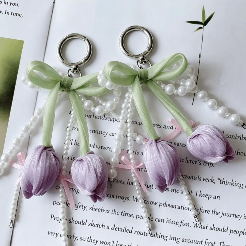 Cute Bag Charm Pendant Pearl Anti-loss Keyring INS Tulip Keychain Jewelry Wallet