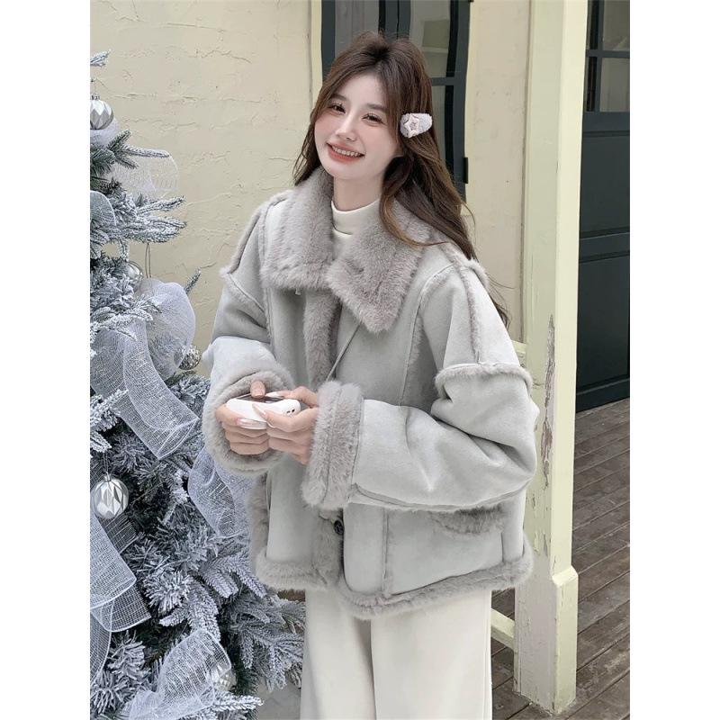 Women s Winter 2025 Blue Fur Lambswool Coat - Lazy Style Suede Velvet Cotton Short Jacket L светло-синий