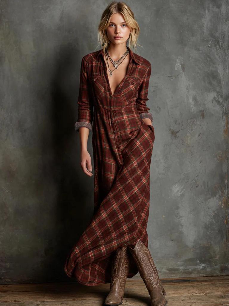 Elegant Plaid Long-Sleeve Shirt Dress - 2025 Fashion for Women