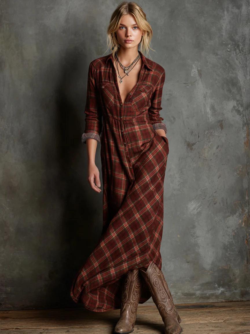 Elegant Plaid Long-Sleeve Shirt Dress for Women - 2025 Collection XXXL