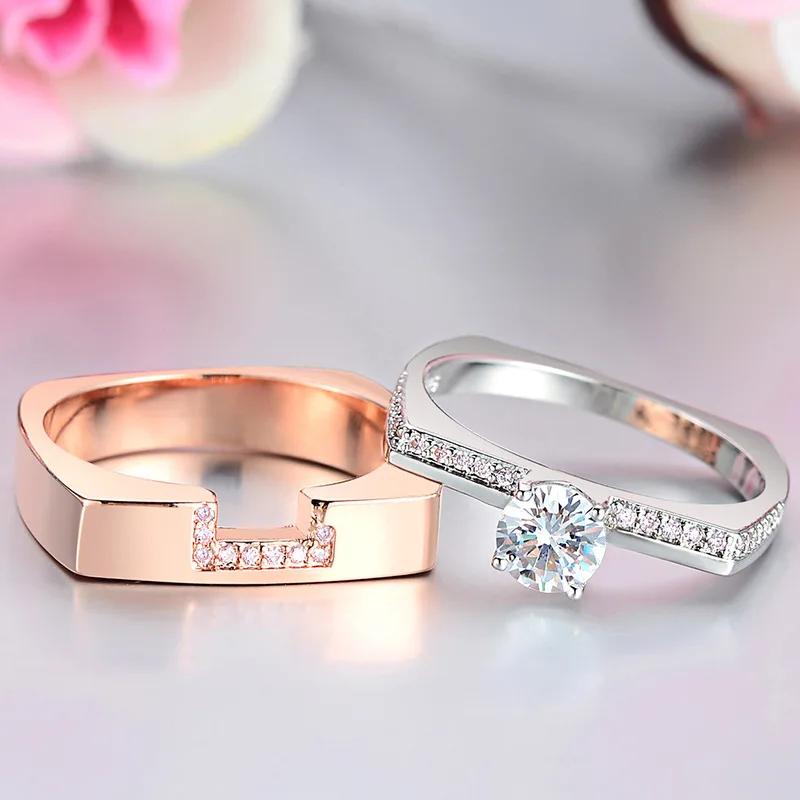2pcs/set Rose Gold Double Square Rings Set Engagement Woman Cubic Zirconia  Silver Ring for Women Lover Wedding