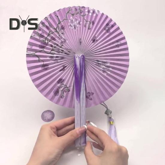 Runder Faltfächer im chinesischen Stil mit Quasten, Blumenmuster, Handfächer aus Papier, tragbarer Sommer-Handfächer, Tanzaufführung, Foto-Requisiten, Dekoration