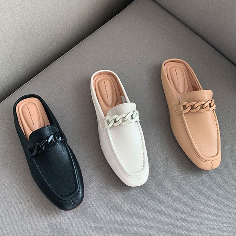 Metal Chain Summer Women Mules Slip On Flat Loafers Closed Toe Moccasins Fashion Designer Comfy Pu Leather Casual Slides Shoes