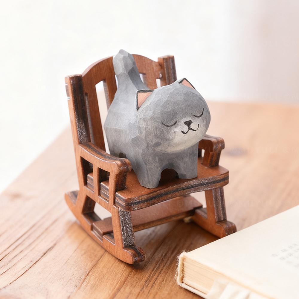 Cute Cat Animals Figurine Decorative Wooden Ornament Miniature Kitten Coffee Home Bedroom Office Desk Decoration Gift Statue