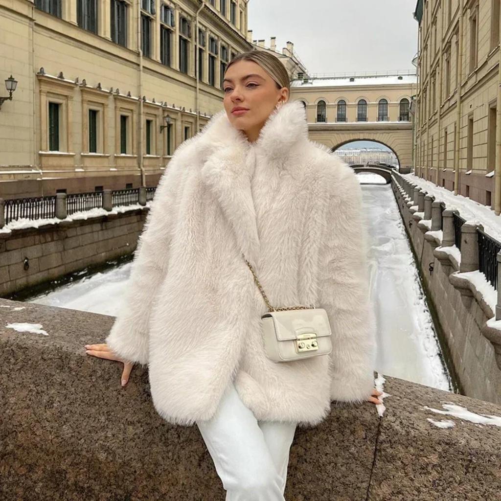 VAYLA Fashion Fluffy Furry Faux Fur Jacket Women Winter Shaggy Overcoats Thick Warm Medium Length Fox Fur Coat Plush Outerwear Femme