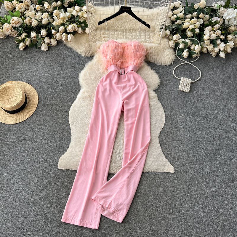 

Adult Lady like Woman Lightly Mature Feather Silm Long Jumpsuit Pink L