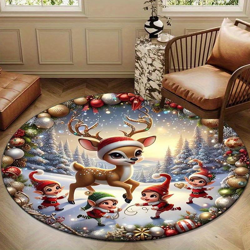 1pc, Christmas Themed Round Area Rug, Crystal Velvet, Xmas Deer Print, Non-Slip Mat, Chair Pad, Home Decor, Bedroom & Living Room, Polyester