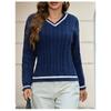 Elegant V-neck Pull-over with White Trim, Long-sleeved Women’s Jumper – Cable-knit, Versatile Top