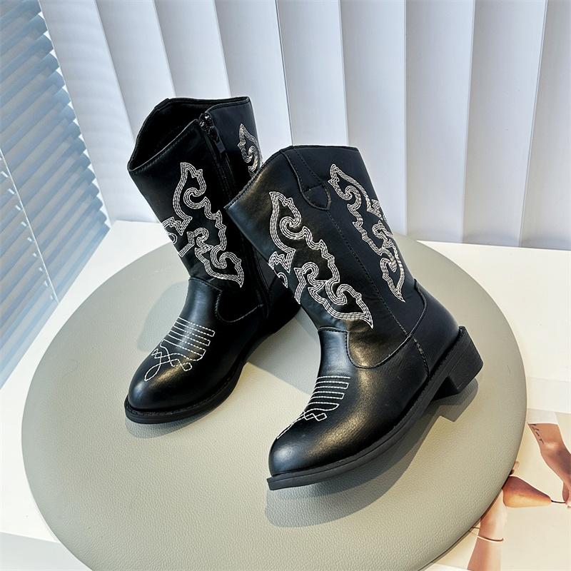Skórzane Dziewczęce Wzór Dekoracyjne Cowboy Codzienne Botki Jesień i Zima Antypoślizgowe Boczny Zamek Retro Dziecięce Botki.