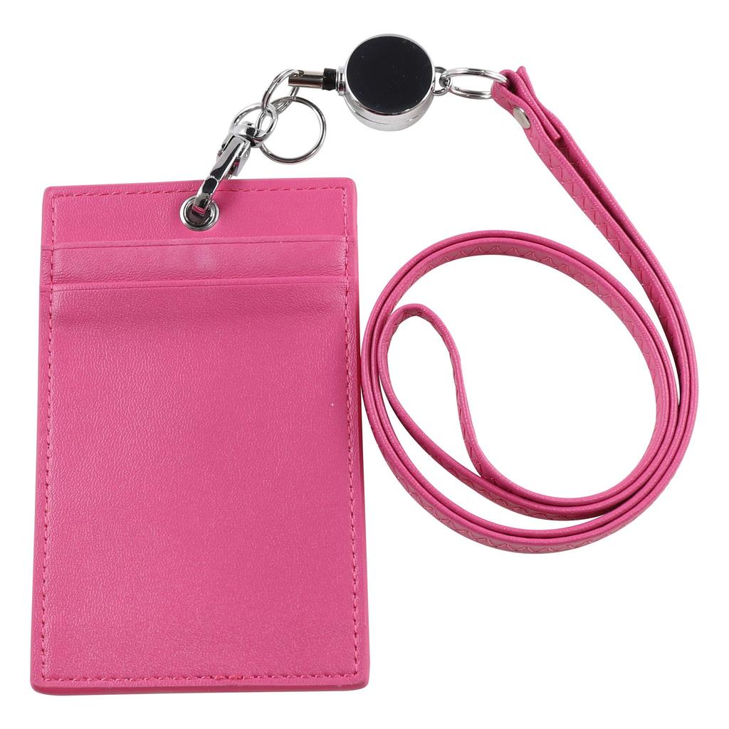 Kaiyusha Extendable Reel-Style Pass Case with Neck Strap, ID Card Case, 3 Pockets, Key Reel Included, for Men and Women (Pink)