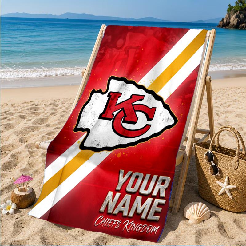 Custom Name Kansas Chiefs Logo Personalized Microfiber Beach Towel, Quick-Dry, Ideal for Summer Travel, Beach Essential, Swimming