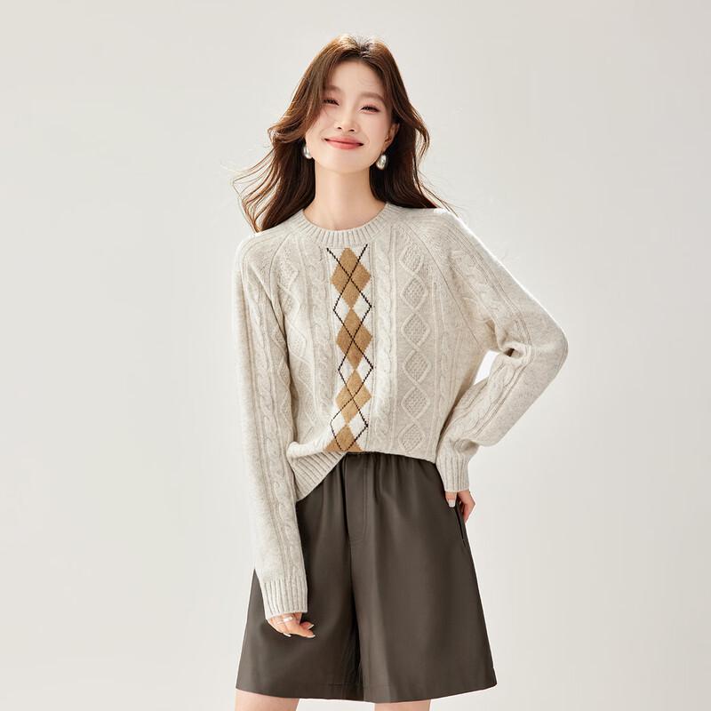 Women's 100% Wool Slouchy Argyle Cable Knit Sweater