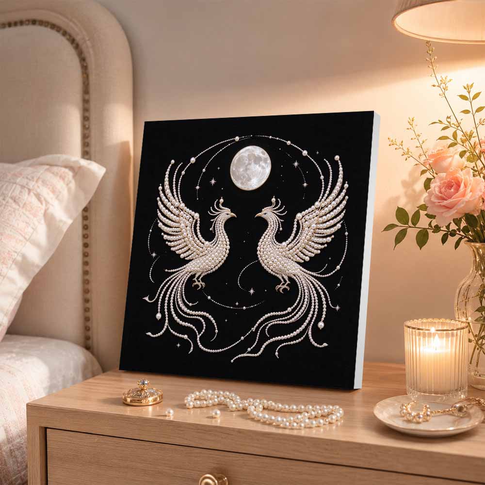DIY Pearl Diamond Painting Set with Frame Phoenix and Full Moon 3D Pearl Beads. Home Wall Decor
