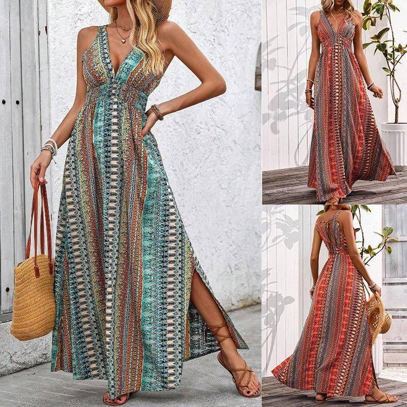 Cross-Border Foreign Trade European and American Women's Clothing 2025 Summer Fashion Sexy Deep V-neck Sleeveless Open Back Beach Vacation Style Dress