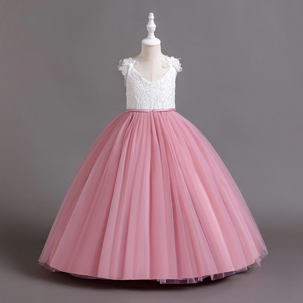 Girls' Lace Spaghetti Strap Flower Girl Dress - Puffy Formal Princess Gown for Wedding or Fashion Show Performance