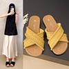 Retro woven flat-bottomed cool slippers for women's outer wear 2025 spring and summer new summer seaside beach sandals for women