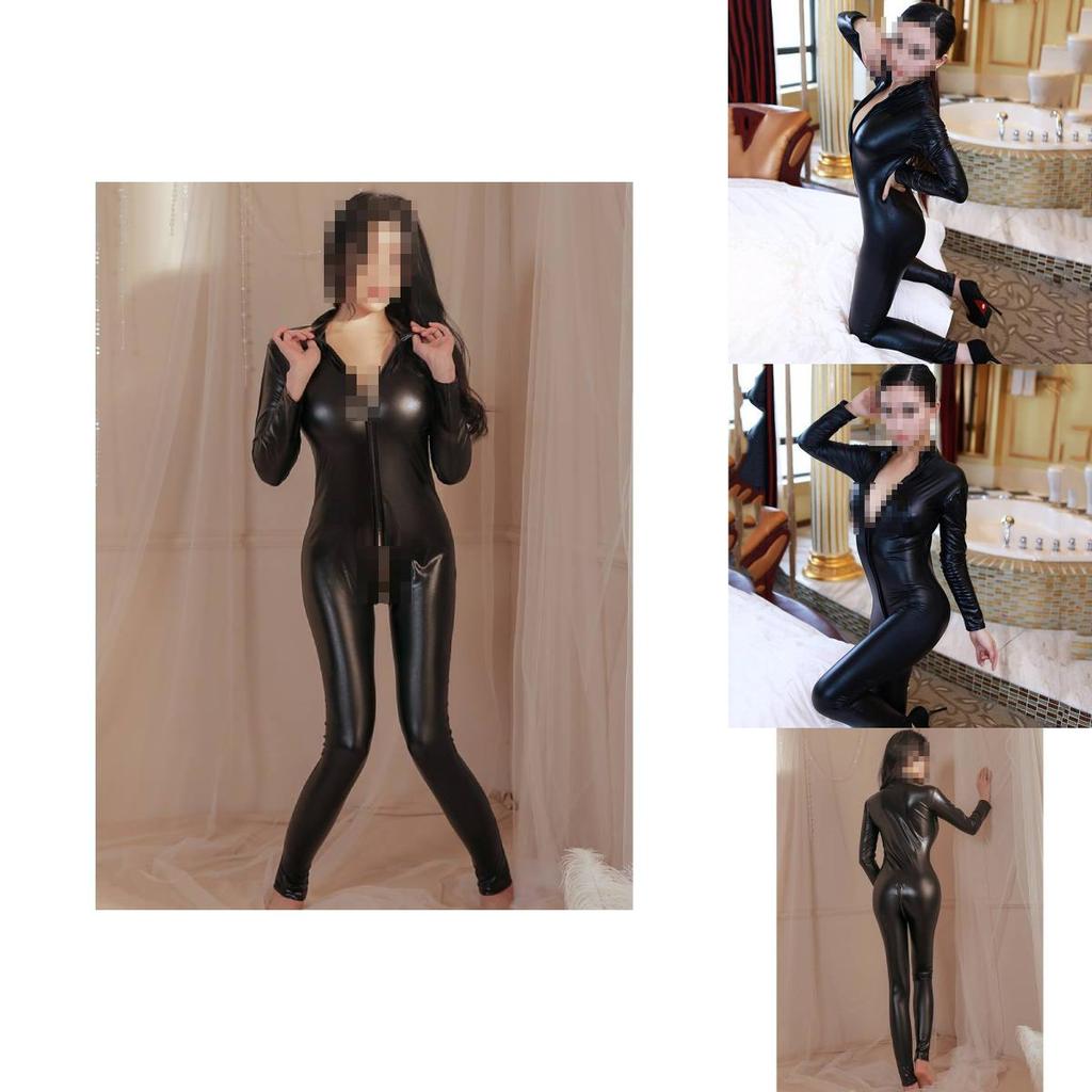 Verlockender schwarzer Ganzkörper-Latex-Body mit langen Ärmeln und Reißverschlussdesign für Rollenspiele und Cosplay