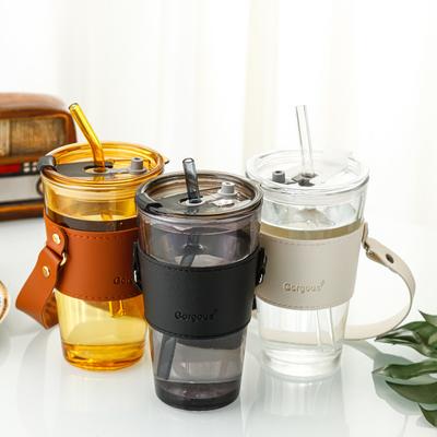 Straw Water Cup Glass Simple Casual Coffee Cup with Lid and Color Bamboo Cup Portable Straight Drinking Straw Glass