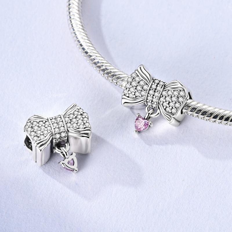 Copper Bow Charms Copper Pink Heart-Shaped Bow Pendants Charms Beads Fit Original Bangle Bracelets Diy Jewelry