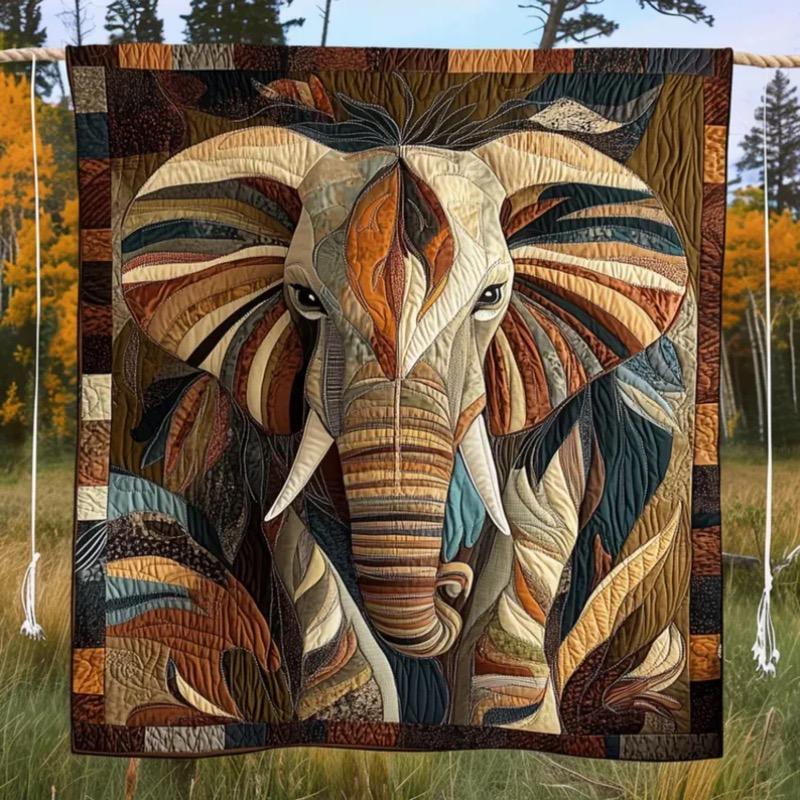 Elephant Quilt – Quilted Blanket Throw with Safari Wildlife Design Earth-Tone Animal Art Boho Neutral Home Decor Wall Hanging