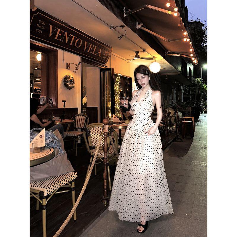 

Kumikumi French style Retro Polka Dot Hanging Neck One piece Dress Women clothing Summer Gyaru Style Chic High Waist Slimming Long dress Polo Dot Skirt M