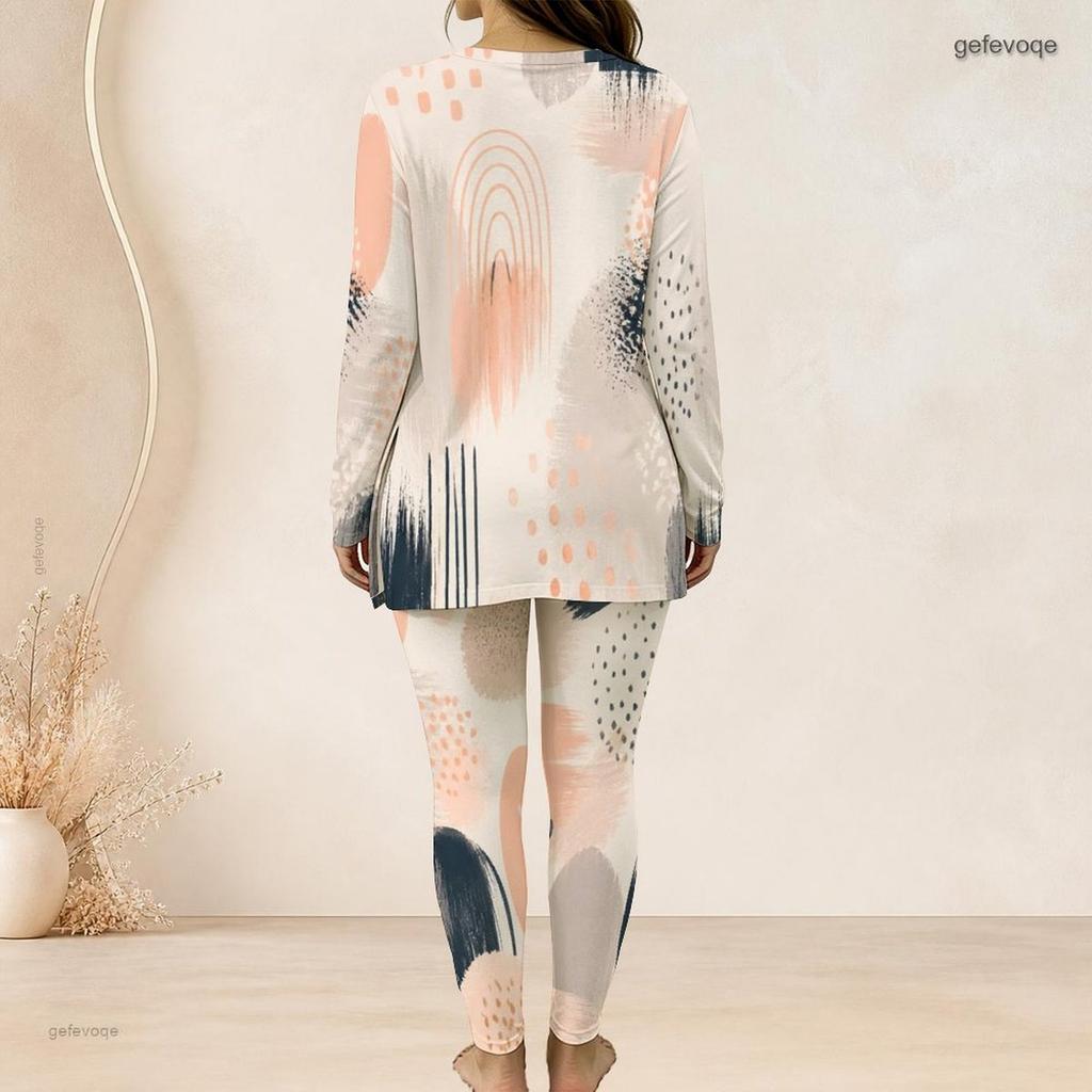 Women Plus Size Printed Half Zip Long Sleeve Longline Top And Fitted Pants Two Piece Set