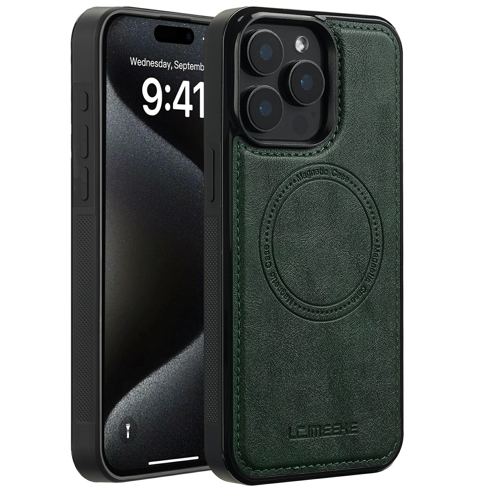 

LC.IMEEKE For iPhone 15 Pro Magnetic Case Compatible with MagSafe Leather+TPU Back Cover Green