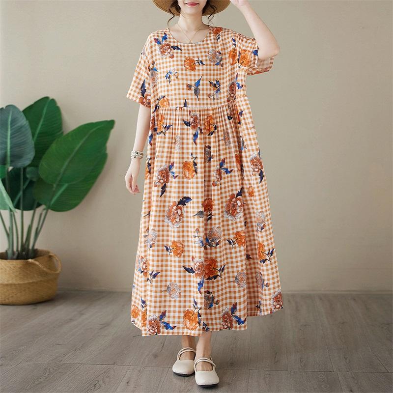 Short sleeve Plus size cotton vintage Plaid floral new in dresses for women casual loose long summer dress