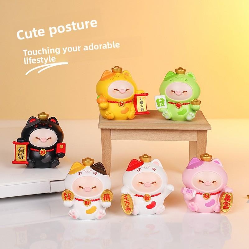 Cat Decor Resin Figurine With Wealth Symbols For Home Office Gift Ideas