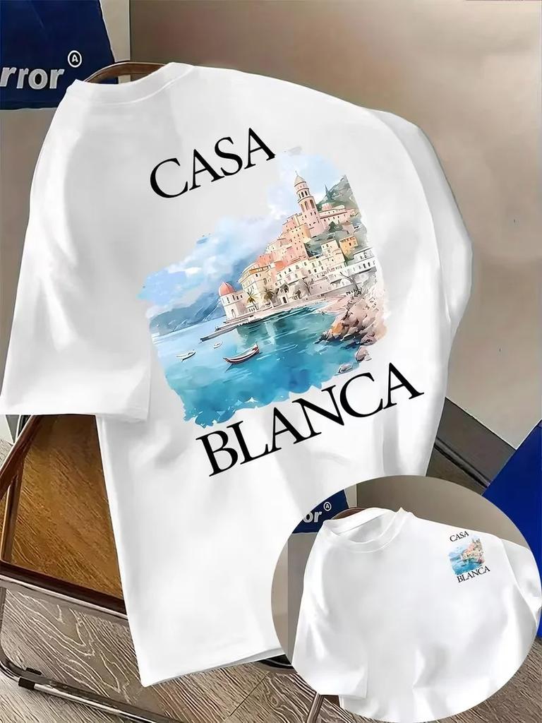T-shirt Grafica con Paesaggio Costiero di Casablanca in Offerta Speciale Stampa Vacanza al Mare Moda Larga Casual Oversize Uomo Donna Manica Corta Top Estivo Nuova Maglietta