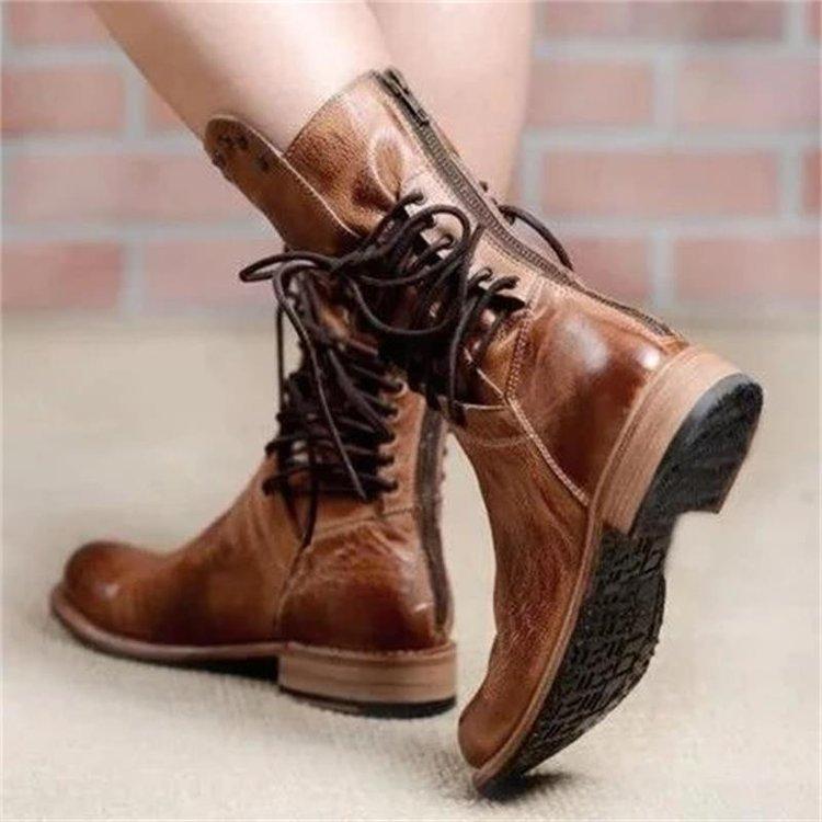 Women Boots Retro Motorcycle Boots Female Pu Leather Shoes Rivet Block Lace Up Fashion Low Heel Mid Calf Boots Plus Size