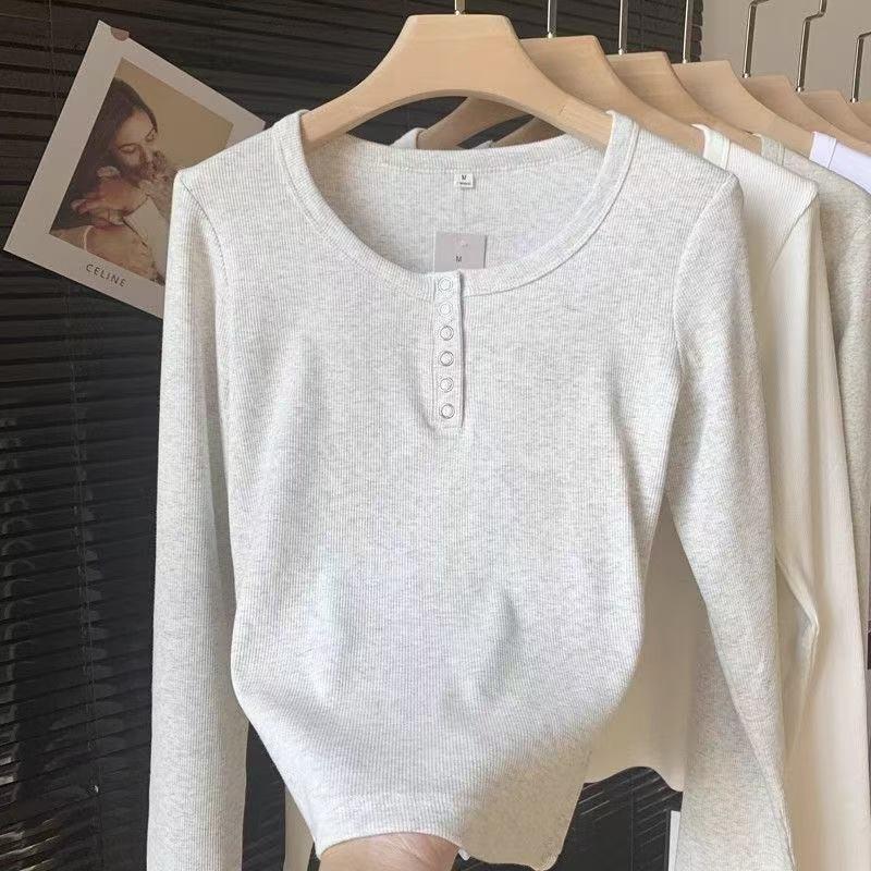 

Grey threaded long-sleeved t-shirt women s autumn and winter new niche slim-fitting and thin inner bottoming shirt versatile top trendy S/65-90