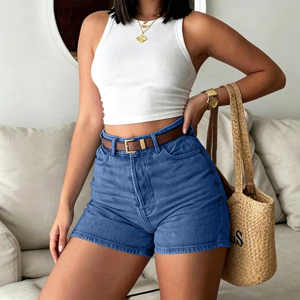 Women High Waist Vintage Denim Shorts Slim Fit Casual Hot Pants with Belt for Summer Everyday Wear