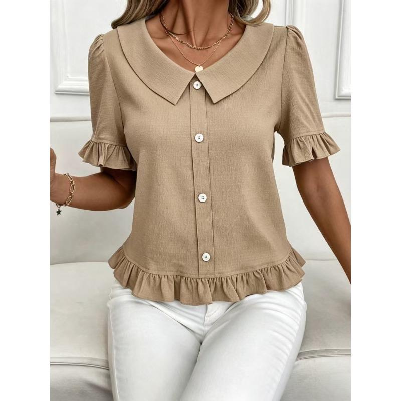 Lady's Front-buttoned Petal Short-sleeved Summer Fashion Pullover Casual Everyday Versatile Top
