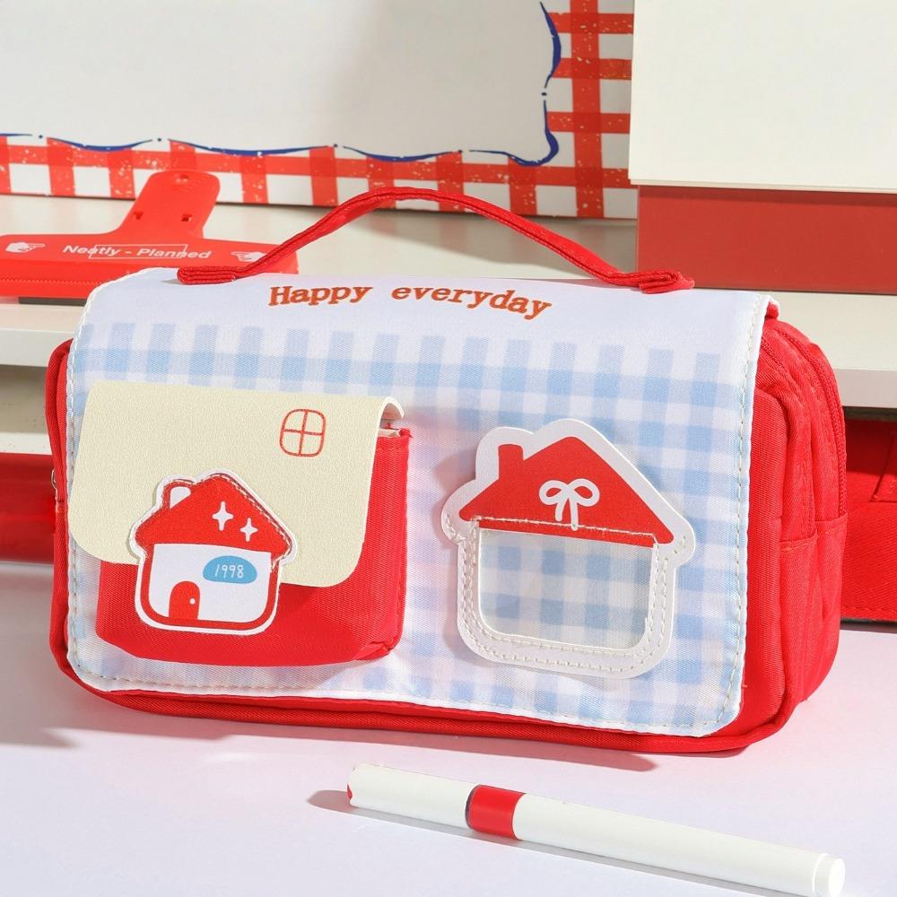 Multi-layer House Shape Pencil Case Pencil Pouch Cloth Stationery Bag Kids Children красный