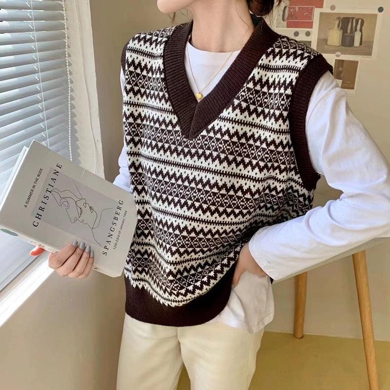 Geo Pattern Sweater Vest, Preppy V Neck Sleeveless Vest for Fall & Winter, Women's Clothing
