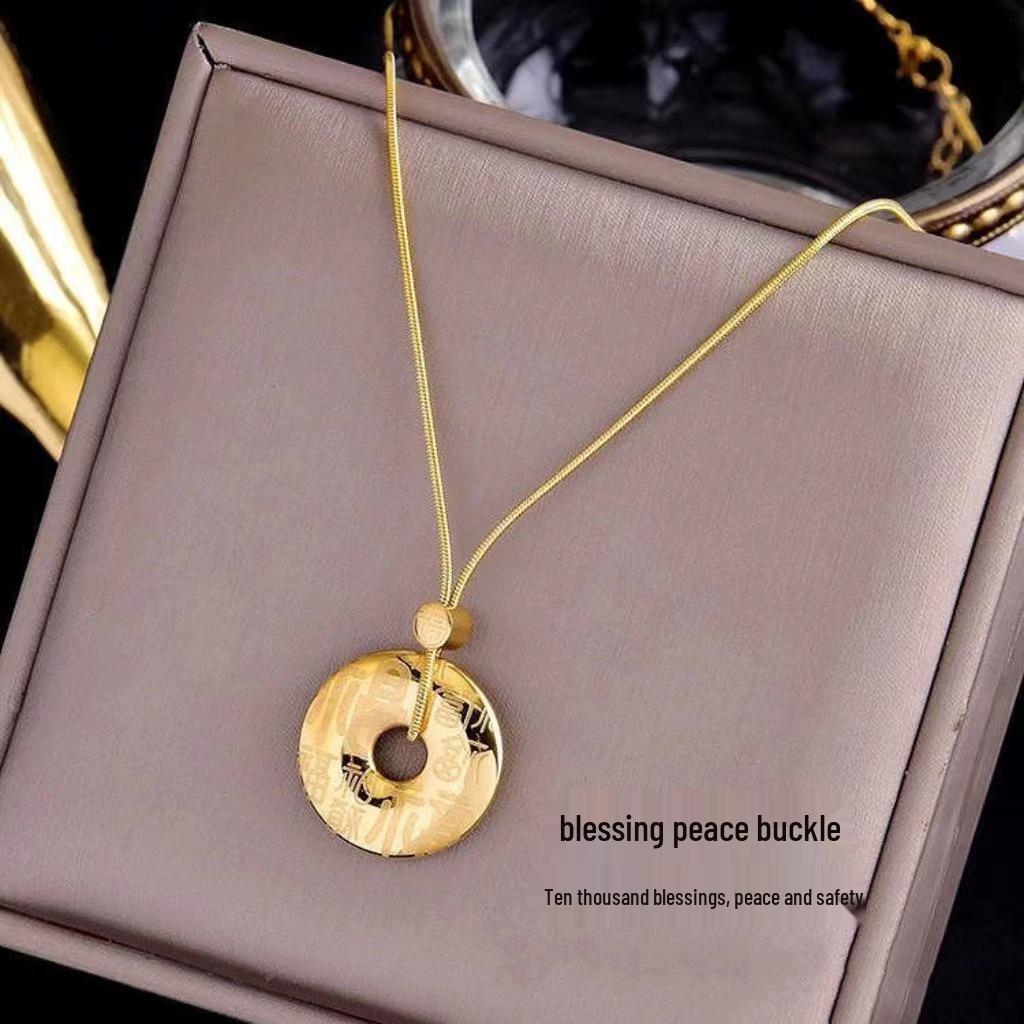 Gold-Plated Hundred Blessings Pendant Necklace - Lucky Bead & Safety Buckle Retro Chinese Style