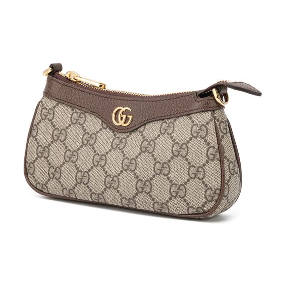 Gucci Ophidia Double G Logo Reißverschluss Canvas und Leder Mahjong Tasche Unterarmtasche Schultertasche Handtasche Mini Damen Beige mit Ebenholzfarbe