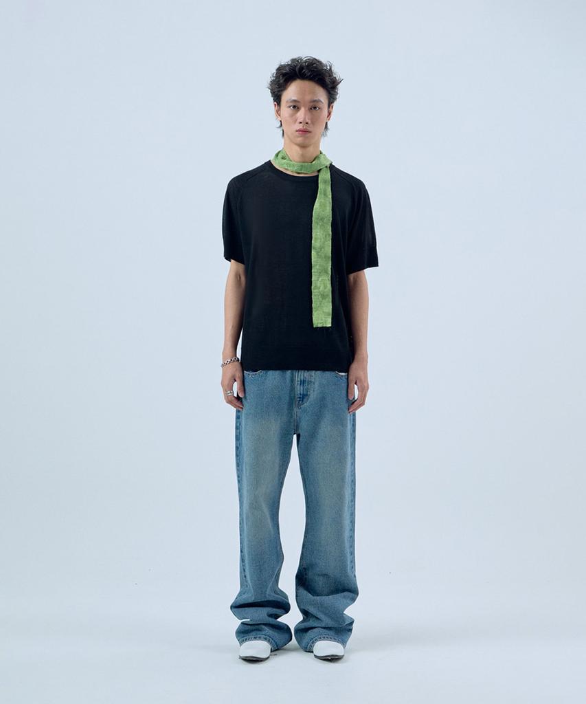 NOISE Point Punching Round Short Sleeve Knit - Black