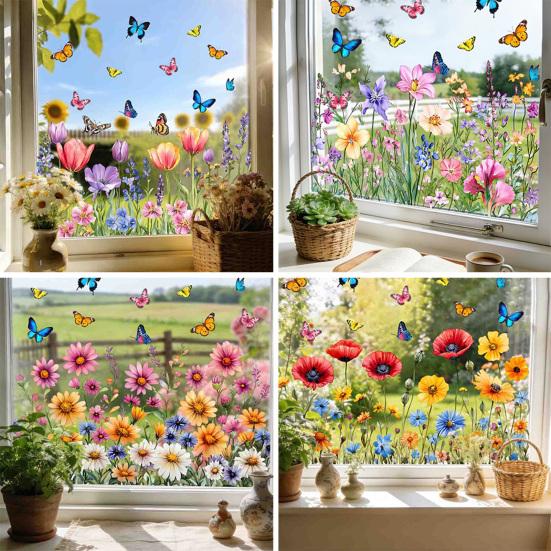 Glass Sticker Peel Stick Static Window Film Vibrant Color Spring Flowers Butterflies Pattern Window Decal Home Decor