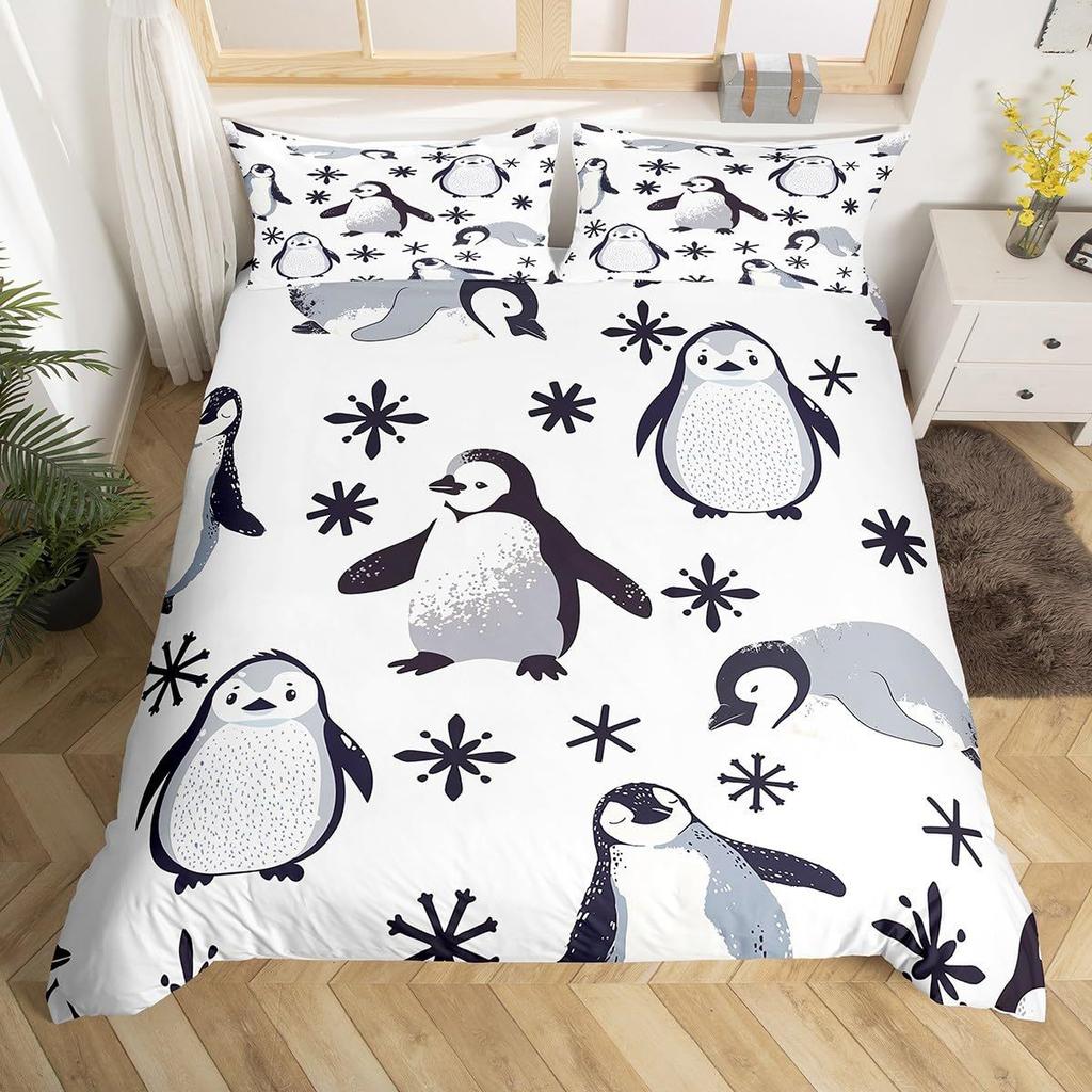 Fun Penguin Duvet Set Cartoon Penguin Children'S Bedding Set Cute Polar Animal Three-Piece Set