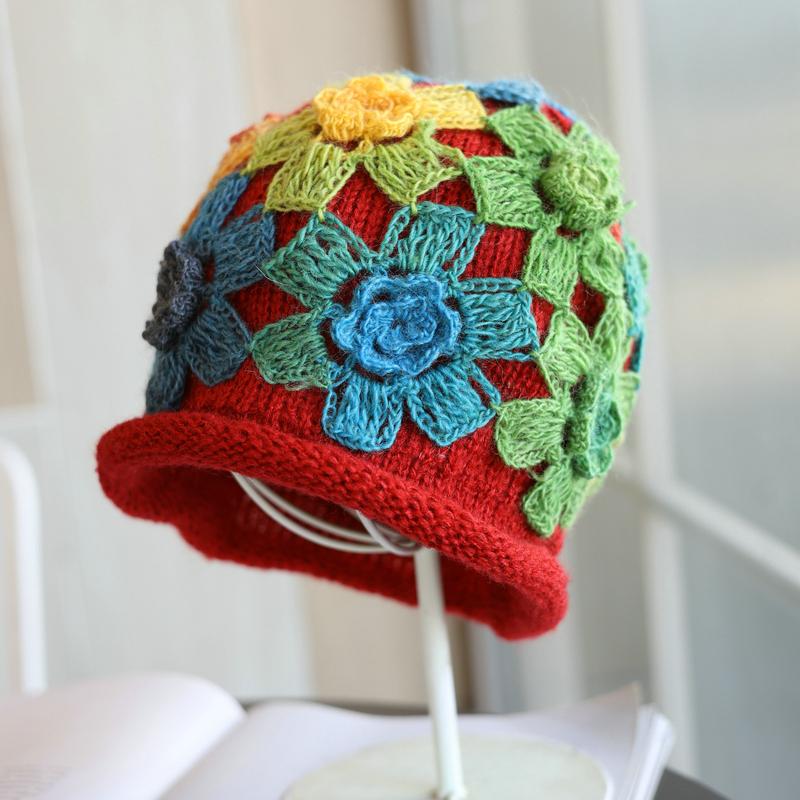 

Шляпа-веер постепенное изменение шерстяной линии этнический стиль красочные цветы ручной крючок ворс мешок головной убор ретро элегантный осень и зима тепло Flower color random