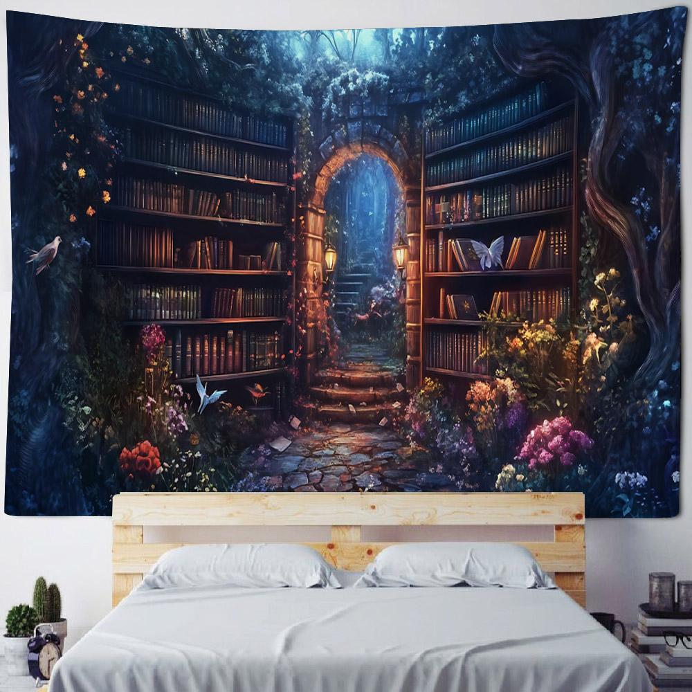 Magic Bookshelf Wall Mounted Tapestry Library, Living Room Background Cloth, Aesthetic Bedroom Decoration, Dreamy Home Decor