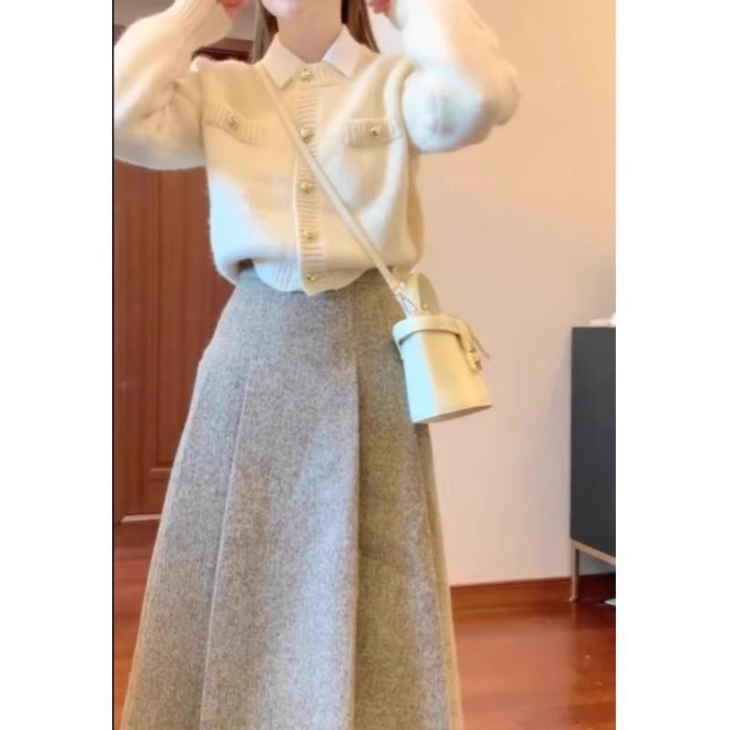 2024 Autumn/Winter Fragrant Style Three-Piece Set: Sweater Coat, Shirt, and Pleated Midi Skirt for Women